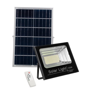 GLOBOSTAR® HERMES 71557 Προβολέας με IR Ασύρματο Χειριστήριο LED 100W 5000lm 120° DC 5V με Φωτοβολταϊκό Panel 5V 20W & Επαναφορτιζόμενη Μπαταρία Li-ion 3.2V 15000mAh Αδιάβροχο IP66 Ψυχρό Λευκό 6000K Dimmable - Sanan SMD Chip - Μαύρο - Μ31.5 x Π26.2 x Υ7.5