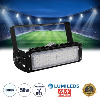 GLOBOSTAR® GOLIATH 90100-1 Προβολέας Γηπέδου LED 50W 8000lm SDCM<5 75°*135° Fish Eye Lens AC 100-277V Αδιάβροχο IP65 IK08 Ψυχρό Λευκό 5000K - LUMILEDs SMD Chip & MEANWELL Driver - Μαύρο Χυτό Αλουμίνιο - Μ32 x Π12 x Υ9cm - 5 Χρόνια Εγγύηση