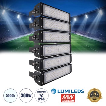 GLOBOSTAR® GOLIATH 90100-6 Προβολέας Γηπέδου LED 300W 48000lm SDCM<5 75°*135° Fish Eye Lens AC 100-277V Αδιάβροχο IP65 IK08 Ψυχρό Λευκό 5000K - LUMILEDs SMD Chip & MEANWELL Driver - Μαύρο Χυτό Αλουμίνιο - Μ32 x Π12 x Υ54cm - 5 Χρόνια Εγγύηση