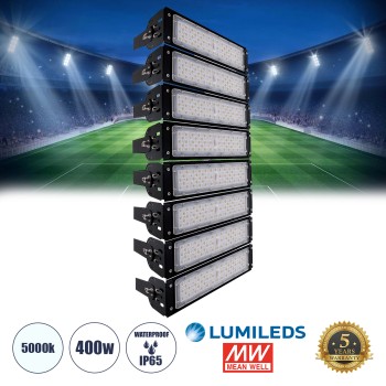 GLOBOSTAR® GOLIATH 90100-8 Προβολέας Γηπέδου LED 400W 64000lm SDCM<5 75°*135° Fish Eye Lens AC 100-277V Αδιάβροχο IP65 IK08 Ψυχρό Λευκό 5000K - LUMILEDs SMD Chip & MEANWELL Driver - Μαύρο Χυτό Αλουμίνιο - Μ32 x Π12 x Υ72cm - 5 Χρόνια Εγγύηση