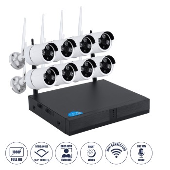GloboStar® 86038 Ασύρματο Καταγραφικό με 8 x Camera 2MP 1080P WiFi  150° Μοιρών - Αδιάβροχο IP66 - Νυχτερινή Όραση με LED IR - Μονή Κατέυθυνση Ομιλίας - Ανιχνευτή Κίνησης - Νυχτερινή Λήψη - Λευκό