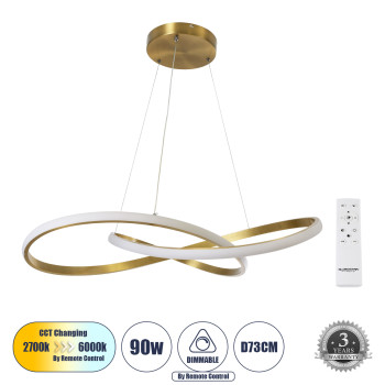 GLOBOSTAR® DEXTER 60916 Μοντέρνο Κρεμαστό Φωτιστικό Οροφής LED 90W 9000lm 300° AC 220-240V IP20 Ρυθμιζόμενο Λευκό CCT με Χειριστήριο από 2700K έως 6000K Dimmable - Lumileds SMD Chip - Σατινέ Χρυσό Βούρτσας - Μ73 x Π73 x Υ16cm - 3 Χρόνια Εγγύηση