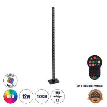 GLOBOSTAR® DIGICOLUMN 90762 Μοντέρνο Επιδαπέδιο Γραμμικό Ψηφιακό Φωτιστικό Digital Pixel Symphony Bar με RF Ασύρματο Χειριστήριο LED 12W 960lm 90° DC 5V με USB 2.0 IP20 Πολύχρωμο RGB Dimmable - Μαύρο - Μ3.4 x Π2.5 x Υ122cm - 2 Χρόνια Εγγύηση