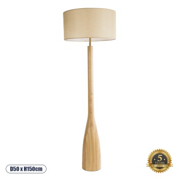 GloboStar® BERKBAY 02318 Boho Επιδαπέδιο Φωτιστικό Μονόφωτο 1 x E27 IP20 Μπεζ Ξύλο με Μπεζ Ύφασμα - Μ50 x Π50 x Υ150cm