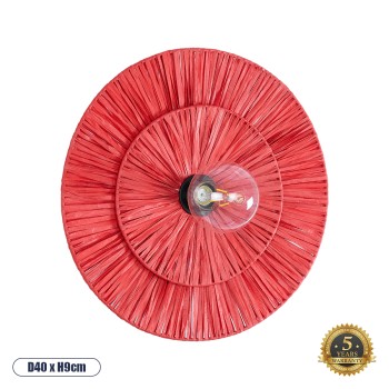 GloboStar® COLOMBO 02282 Boho Επιτοίχιο Φωτιστικό Απλίκα Μονόφωτο 1 x E27 IP20 Κόκκινη Raffia - Μ40 x Π40 x Υ9cm