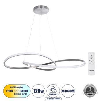 GLOBOSTAR® DEXTER 60919 Μοντέρνο Κρεμαστό Φωτιστικό Οροφής LED 120W 12000lm 300° AC 220-240V IP20 Ρυθμιζόμενο Λευκό CCT με Χειριστήριο από 2700K έως 6000K Dimmable - Lumileds SMD Chip - Νίκελ Βούρτσας - Μ103 x Π103 x Υ30cm - 3 Χρόνια Εγγύηση