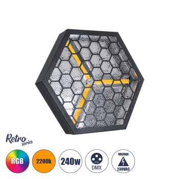 GloboStar® 51201 HALO HEXA Επαγγελματικό Φωτιστικό Ειδικών Εφέ DIGITAL MATRIX PIXEL & Blinder - 3 x 80W LED COB Chips Ultra Gold Warm White 2200K & 30 x 0.5W LED SMD5050 Chips RGB - AC 220V-240V DMX512 Display on Body - Μαύρο - Μ38 x Π38 x Υ22cm - 2 Χρόνι