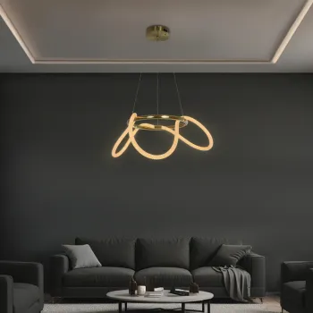kelvo® GLOW 61658 Μοντέρνο Κρεμαστό Φωτιστικό Οροφής LED 36W 3600lm 360° AC 220-240V IP20 Ρυθμιζόμενο Λευκό CCT με Χειριστήριο από 2700K έως 6000K Dimmable - Lumileds SMD Chip - Χρυσό Πλατίνα & Λευκό Νήμα - Μ60 x Π60 x Υ45cm - 3 Χρόνια Εγγύηση