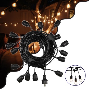 GloboStar® 78982 WIRE GARLAND Καλωδιογιρλάντα PVC 5 Μέτρων με 15 Ντουί E27 με Πρίζα Schuko Επεκτεινόμενη Αδιάβροχη IP65