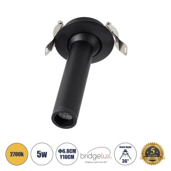 GloboStar® DALE 60371 Χωνευτό LED Κινούμενο Spot Downlight TrimLess Φ6.4cm 5W 500lm 36° AC 220-240V IP20 Φ6.8cm x Υ10cm - Στρόγγυλο - Μαύρο - Θερμό Λευκό 2700K - Bridgelux COB - TÜV Certified Driver - 5 Years Warranty