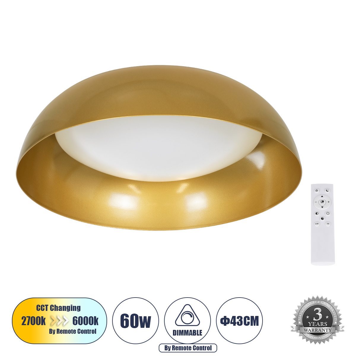 GLOBOSTAR® ANATOLIA 61263 Μοντέρνο Φωτιστικό Οροφής LED 60W 6900lm 120° AC 220-240V IP20 Ρυθμιζόμενο Λευκό CCT με Χειριστήριο από 2700K έως 6000K Dimmable - Lumileds SMD Chip - Χρυσό - Μ43 x Π43 x Υ11cm - 3 Χρόνια Εγγύηση GLOBOSTAR® ANATOLIA 61263 Μοντέρνο Φωτιστικό Οροφής LED 60W 6900lm 120° AC 220-240V IP20 Ρυθμιζόμενο Λευκό CCT με Χειριστήριο από 2700K έως 6000K Dimmable - Lumileds SMD Chip - Χρυσό - Μ43 x Π43 x Υ11cm - 3 Χρόνια Εγγύηση
