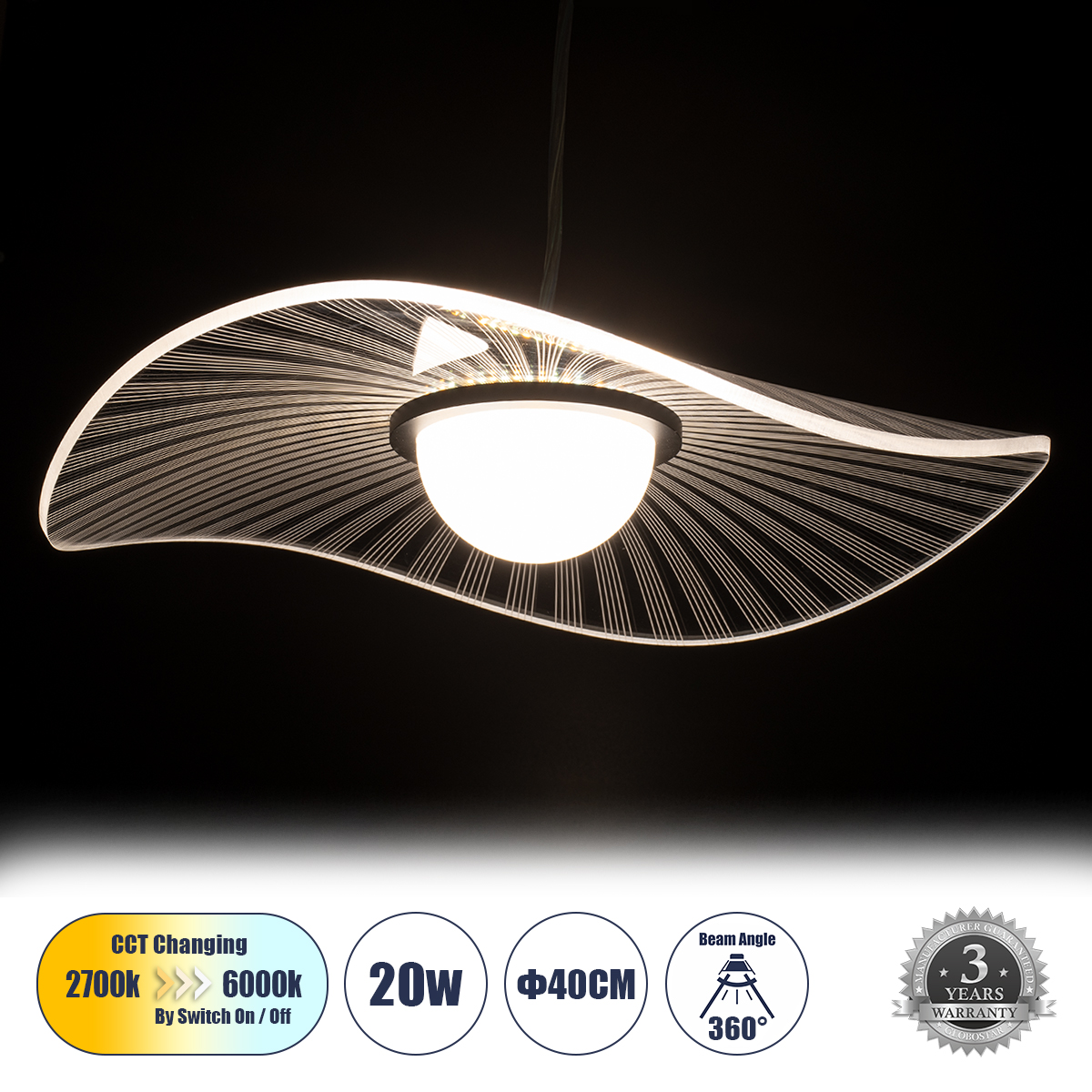 GloboStar® ACRYLICA 60974 Κρεμαστό Φωτιστικό Οροφής Design LED CCT 20W 2240lm 360° AC 220-240V - Εναλλαγή Φωτισμού μέσω Διακόπτη On/Off All In One Ψυχρό 6000k+Φυσικό 4500k+Θερμό 2700k Φ40cm - Μαύρο με Διάφανο Laser Designed Plexiglass - 3 Years Warranty GloboStar® ACRYLICA 60974 Κρεμαστό Φωτιστικό Οροφής Design LED CCT 20W 2240lm 360° AC 220-240V - Εναλλαγή Φωτισμού μέσω Διακόπτη On/Off All In One Ψυχρό 6000k+Φυσικό 4500k+Θερμό 2700k Φ40cm - Μαύρο με Διάφανο Laser Designed Plexiglass - 3 Years Warranty