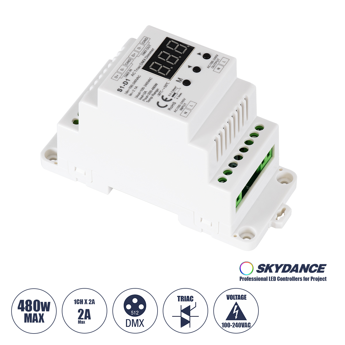 GloboStar® 70672 S1-D1 SKYDANCE AC Triac DMX Dimmer Din Rail Ράγας 1 Καναλιού AC 100-240V 1 x 2A 480W - Max 2A 480W - IP20 DMX512 Μ11.5 x Π5 x Υ6.5cm - 5 Years Warranty GloboStar® 70672 S1-D1 SKYDANCE AC Triac DMX Dimmer Din Rail Ράγας 1 Καναλιού AC 100-240V 1 x 2A 480W - Max 2A 480W - IP20 DMX512 Μ11.5 x Π5 x Υ6.5cm - 5 Years Warranty