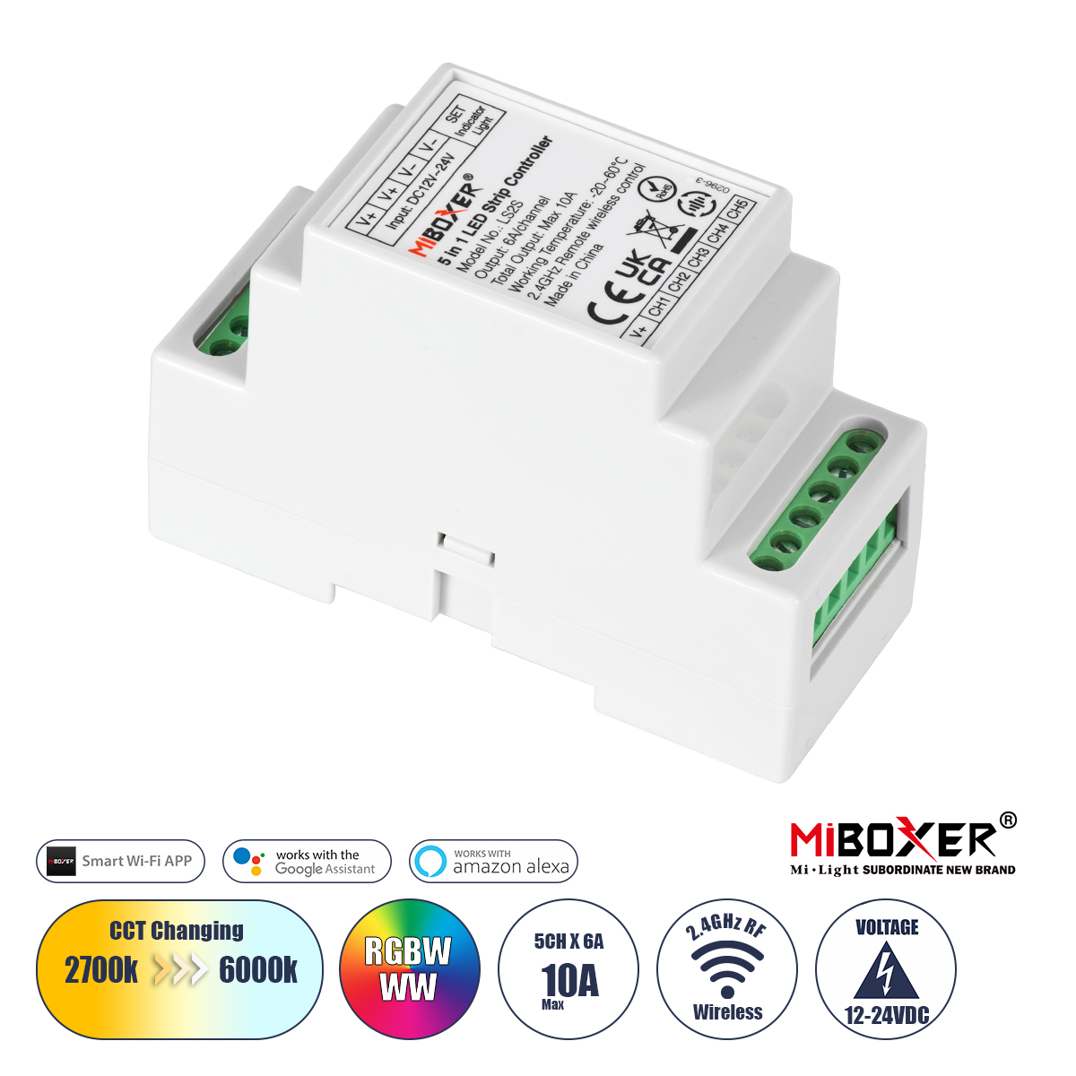 GloboStar® 71415 LS2S Mi-BOXER DC WiFi & RF 2.4Ghz Dimmer High Speed Controller 5 Καναλιών DC 12-24V 5 x 6A 144W - Max 10A 240W - IP20 RGBW+WW - Din Rail Ράγας - Μ9 x Π3.4 x Υ6cm - 5 Years Warranty GloboStar® 71415 LS2S Mi-BOXER DC WiFi & RF 2.4Ghz Dimmer High Speed Controller 5 Καναλιών DC 12-24V 5 x 6A 144W - Max 10A 240W - IP20 RGBW+WW - Din Rail Ράγας - Μ9 x Π3.4 x Υ6cm - 5 Years Warranty