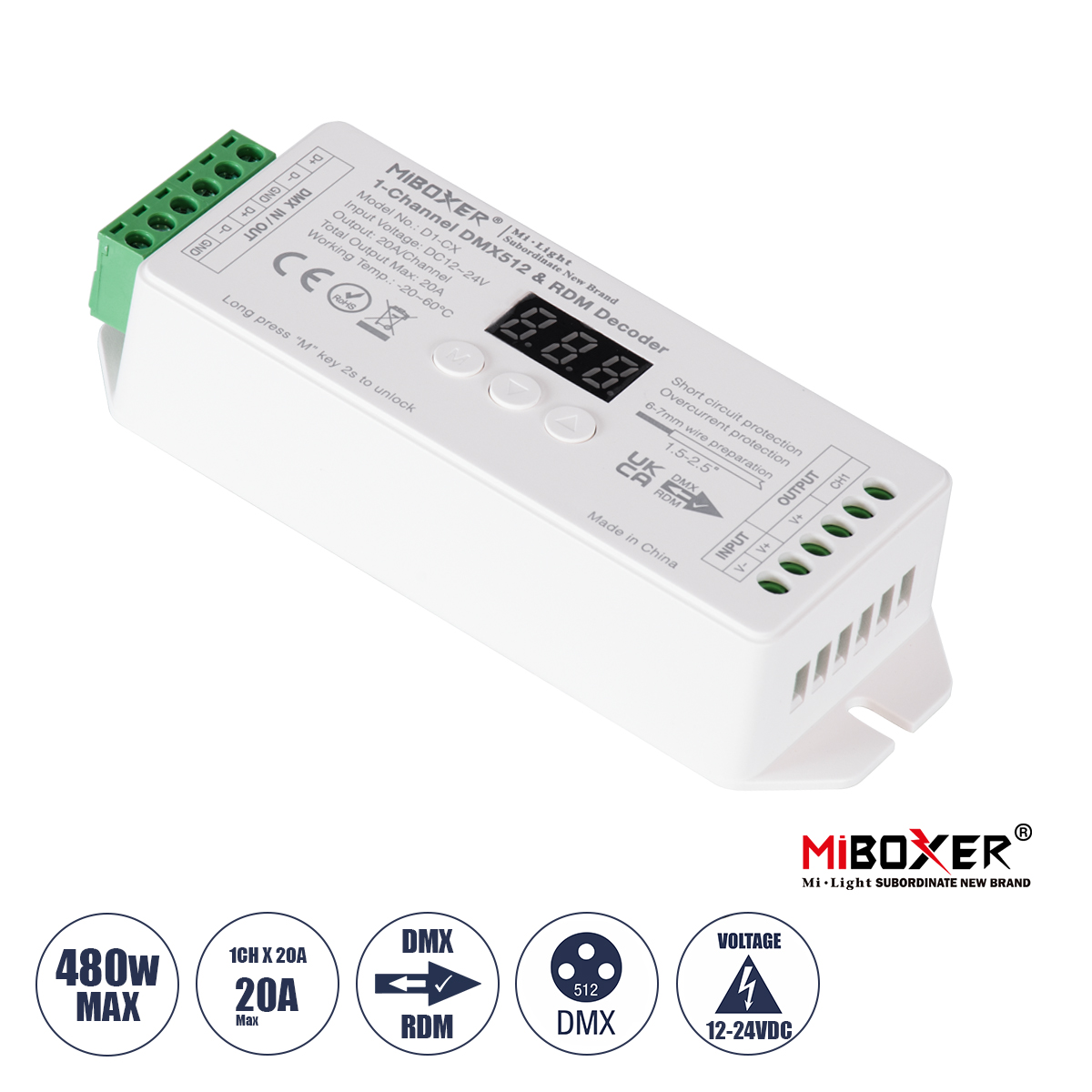 GloboStar® 71424 D1-CX Mi-BOXER DC DMX & RDM Dimmer High Speed Controller / Decoder 1 Καναλιού DC 12-24V 1 x 20A 480W - Max 20A 480W - IP20 Μ13 x Π5 x Υ2.5cm - 5 Years Warranty GloboStar® 71424 D1-CX Mi-BOXER DC DMX & RDM Dimmer High Speed Controller / Decoder 1 Καναλιού DC 12-24V 1 x 20A 480W - Max 20A 480W - IP20 Μ13 x Π5 x Υ2.5cm - 5 Years Warranty