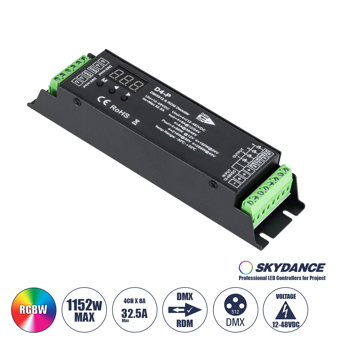 GloboStar® 70669 D4-P SKYDANCE DC DMX & RDM Dimmer High Speed Controller / Decoder 4 Καναλιών DC 12-48V 4 x 8A 384W - Max 32.5A 1152W - IP20 Μ17.5 x Π4.5 x Υ2.8cm - 5 Years Warranty GloboStar® 70669 D4-P SKYDANCE DC DMX & RDM Dimmer High Speed Controller / Decoder 4 Καναλιών DC 12-48V 4 x 8A 384W - Max 32.5A 1152W - IP20 Μ17.5 x Π4.5 x Υ2.8cm - 5 Years Warranty