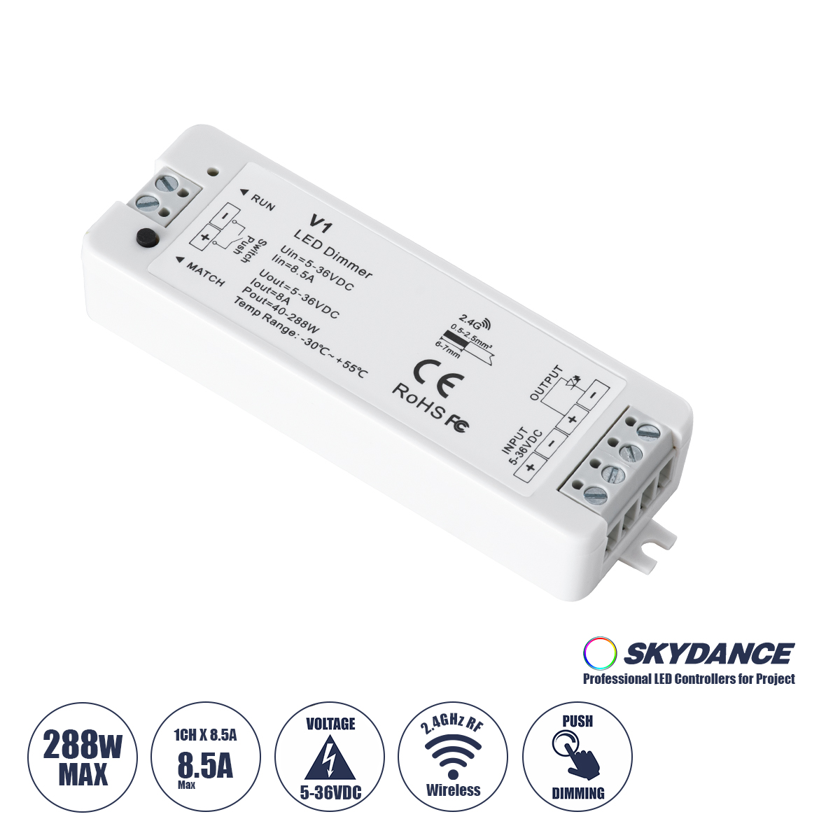 GloboStar® 71567 V1 SKYDANCE DC RF 2.4Ghz Dimmer High Speed Controller & Push Dimming 1 Κανάλι DC 5-36V 1 x 8A 288W - Max 8.5A 288W - IP20 Μ10 x Π3.5 x Υ2cm - 5 Years Warranty GloboStar® 71567 V1 SKYDANCE DC RF 2.4Ghz Dimmer High Speed Controller & Push Dimming 1 Κανάλι DC 5-36V 1 x 8A 288W - Max 8.5A 288W - IP20 Μ10 x Π3.5 x Υ2cm - 5 Years Warranty