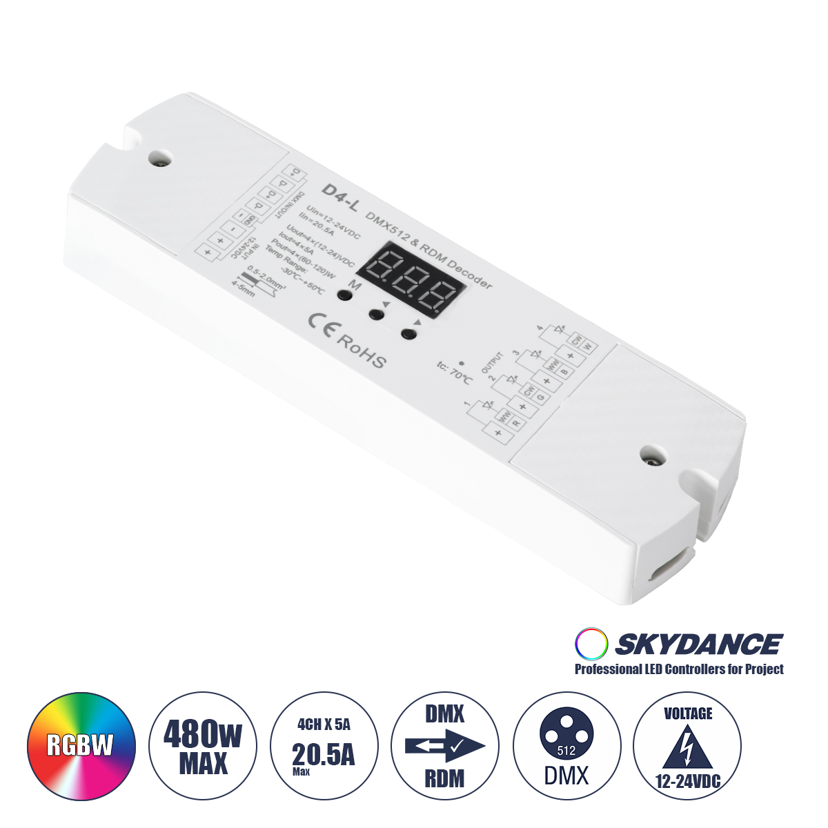 GloboStar® 70668 D4-L SKYDANCE DC DMX & RDM Dimmer High Speed Controller / Decoder 4 Καναλιών DC 12-24V 4 x 5A 120W - Max 20.5A 480W - IP20 Μ17 x Π5 x Υ2.5cm - 5 Years Warranty GloboStar® 70668 D4-L SKYDANCE DC DMX & RDM Dimmer High Speed Controller / Decoder 4 Καναλιών DC 12-24V 4 x 5A 120W - Max 20.5A 480W - IP20 Μ17 x Π5 x Υ2.5cm - 5 Years Warranty