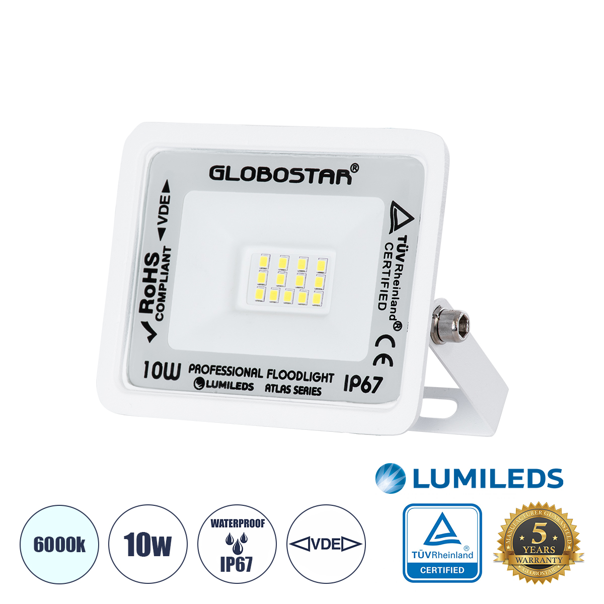 GloboStar® ATLAS 61404 Επαγγελματικός Προβολέας LED 10W 1250lm 120° AC 220-240V - Αδιάβροχος IP67 - Μ10 x Π2 x Υ8cm - Λευκό - Ψυχρό Λευκό 6000K - LUMILEDS Chips - TÜV Rheinland Certified - 5 Years Warranty GloboStar® ATLAS 61404 Επαγγελματικός Προβολέας LED 10W 1250lm 120° AC 220-240V - Αδιάβροχος IP67 - Μ10 x Π2 x Υ8cm - Λευκό - Ψυχρό Λευκό 6000K - LUMILEDS Chips - TÜV Rheinland Certified - 5 Years Warranty