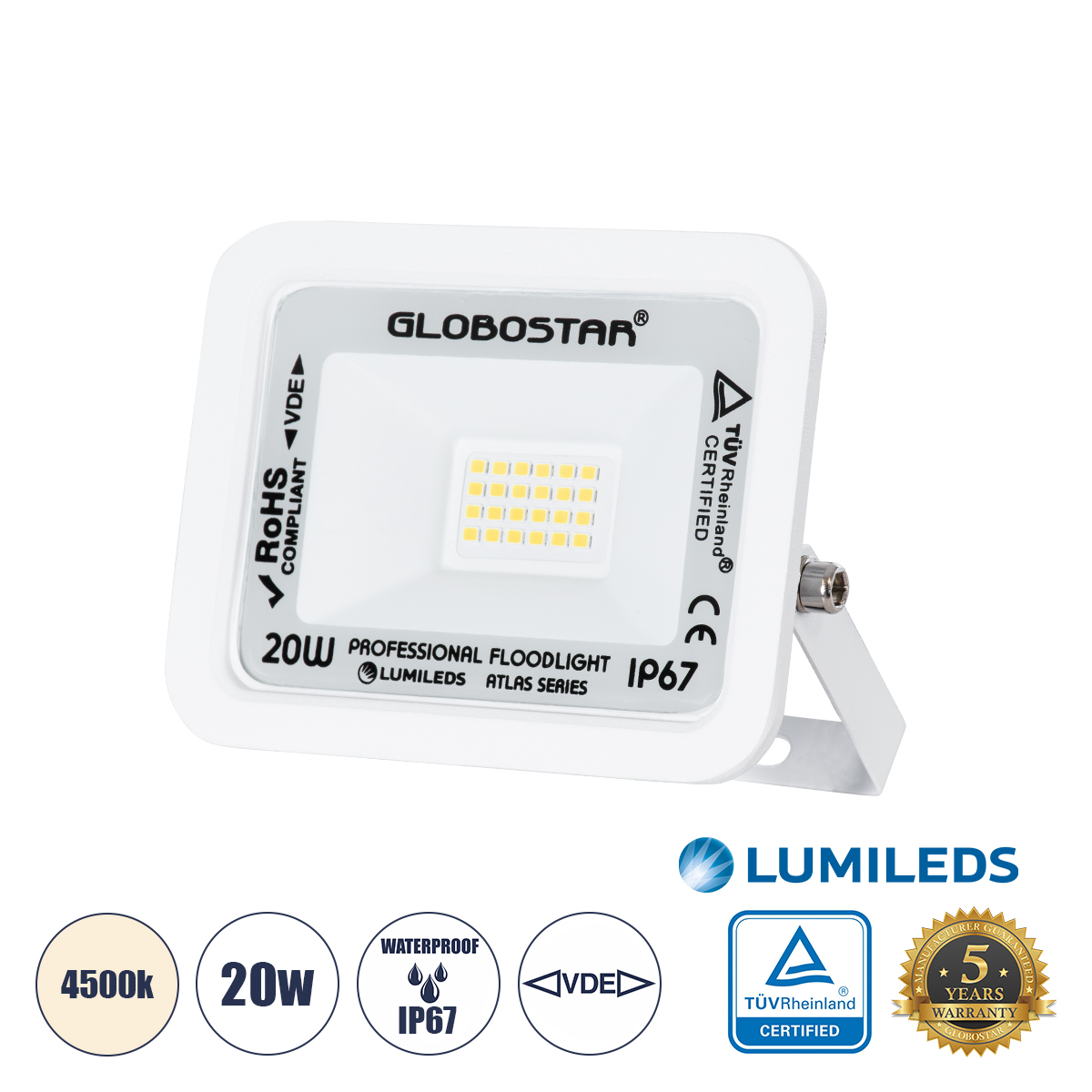GloboStar® ATLAS 61408 Επαγγελματικός Προβολέας LED 20W 2400lm 120° AC 220-240V - Αδιάβροχος IP67 - Μ12 x Π2.5 x Υ9.5cm - Λευκό - Φυσικό Λευκό 4500K - LUMILEDS Chips - TÜV Rheinland Certified - 5 Years Warranty GloboStar® ATLAS 61408 Επαγγελματικός Προβολέας LED 20W 2400lm 120° AC 220-240V - Αδιάβροχος IP67 - Μ12 x Π2.5 x Υ9.5cm - Λευκό - Φυσικό Λευκό 4500K - LUMILEDS Chips - TÜV Rheinland Certified - 5 Years Warranty