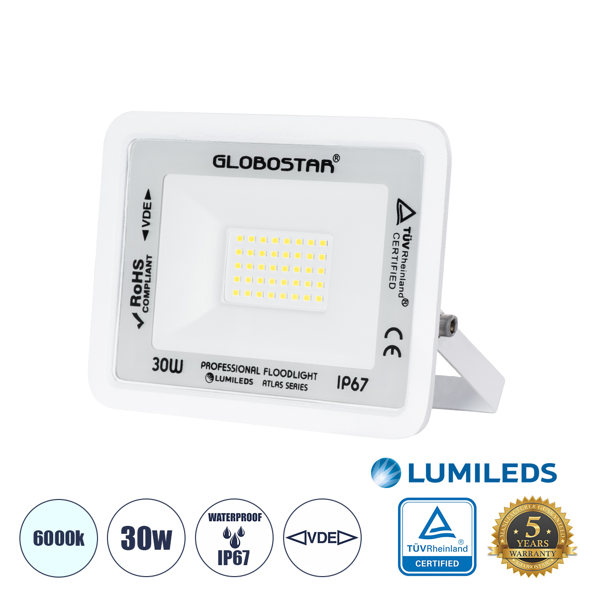 GloboStar® ATLAS 61413 Επαγγελματικός Προβολέας LED 30W 3750lm 120° AC 220-240V - Αδιάβροχος IP67 - Μ16 x Π2.5 x Υ12.5cm - Λευκό - Ψυχρό Λευκό 6000K - LUMILEDS Chips - TÜV Rheinland Certified - 5 Years Warranty GloboStar® ATLAS 61413 Επαγγελματικός Προβολέας LED 30W 3750lm 120° AC 220-240V - Αδιάβροχος IP67 - Μ16 x Π2.5 x Υ12.5cm - Λευκό - Ψυχρό Λευκό 6000K - LUMILEDS Chips - TÜV Rheinland Certified - 5 Years Warranty