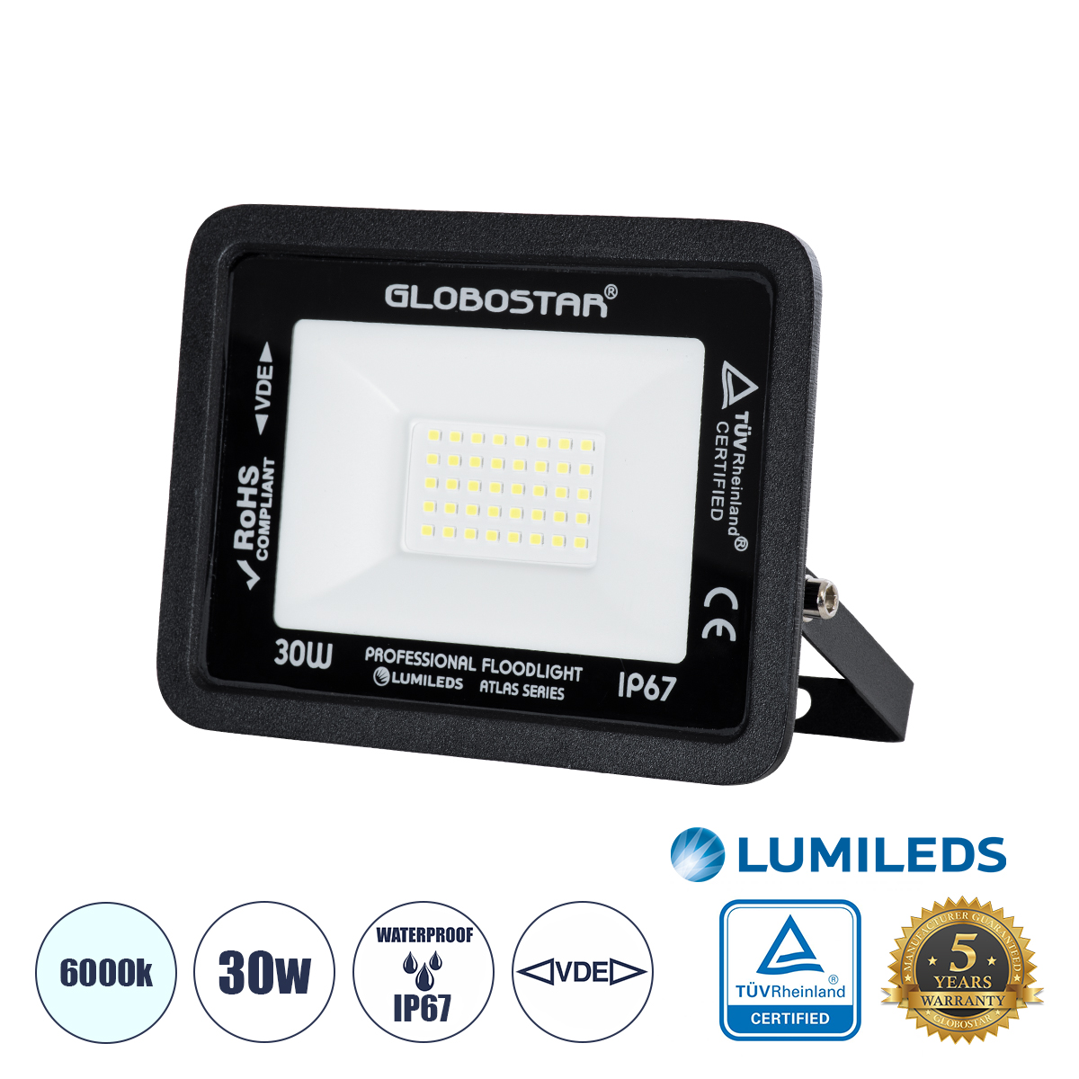 GloboStar® ATLAS 61416 Επαγγελματικός Προβολέας LED 30W 3750lm 120° AC 220-240V - Αδιάβροχος IP67 - Μ16 x Π2.5 x Υ12.5cm - Μαύρο - Ψυχρό Λευκό 6000K - LUMILEDS Chips - TÜV Rheinland Certified - 5 Years Warranty GloboStar® ATLAS 61416 Επαγγελματικός Προβολέας LED 30W 3750lm 120° AC 220-240V - Αδιάβροχος IP67 - Μ16 x Π2.5 x Υ12.5cm - Μαύρο - Ψυχρό Λευκό 6000K - LUMILEDS Chips - TÜV Rheinland Certified - 5 Years Warranty