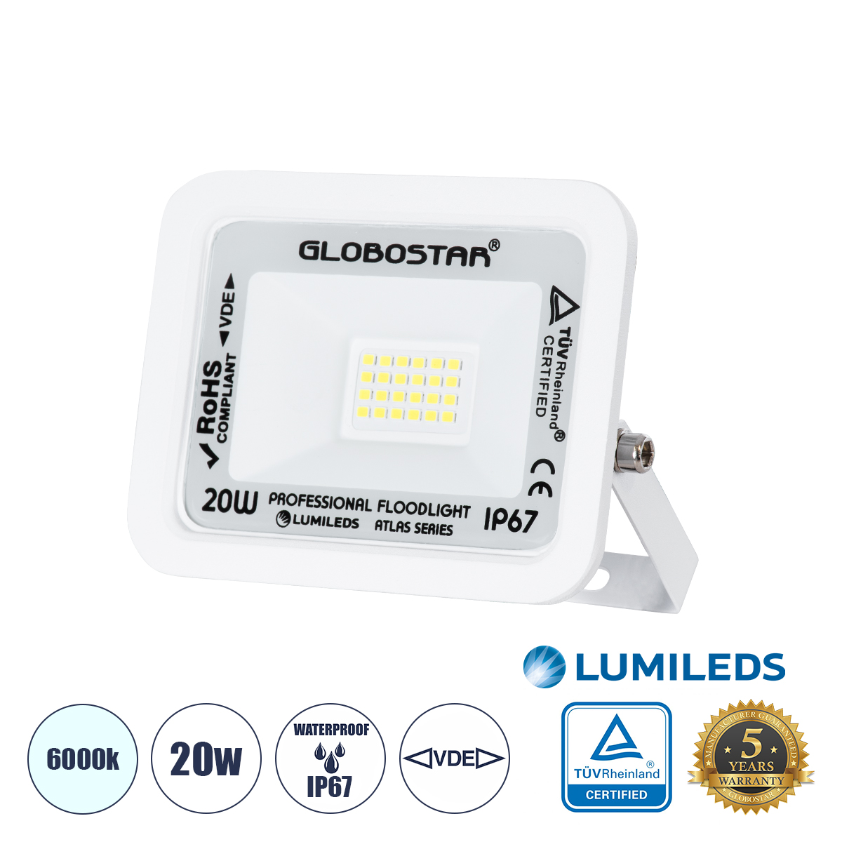 GloboStar® ATLAS 61407 Επαγγελματικός Προβολέας LED 20W 2500lm 120° AC 220-240V - Αδιάβροχος IP67 - Μ12 x Π2.5 x Υ9.5cm - Λευκό - Ψυχρό Λευκό 6000K - LUMILEDS Chips - TÜV Rheinland Certified - 5 Years Warranty GloboStar® ATLAS 61407 Επαγγελματικός Προβολέας LED 20W 2500lm 120° AC 220-240V - Αδιάβροχος IP67 - Μ12 x Π2.5 x Υ9.5cm - Λευκό - Ψυχρό Λευκό 6000K - LUMILEDS Chips - TÜV Rheinland Certified - 5 Years Warranty