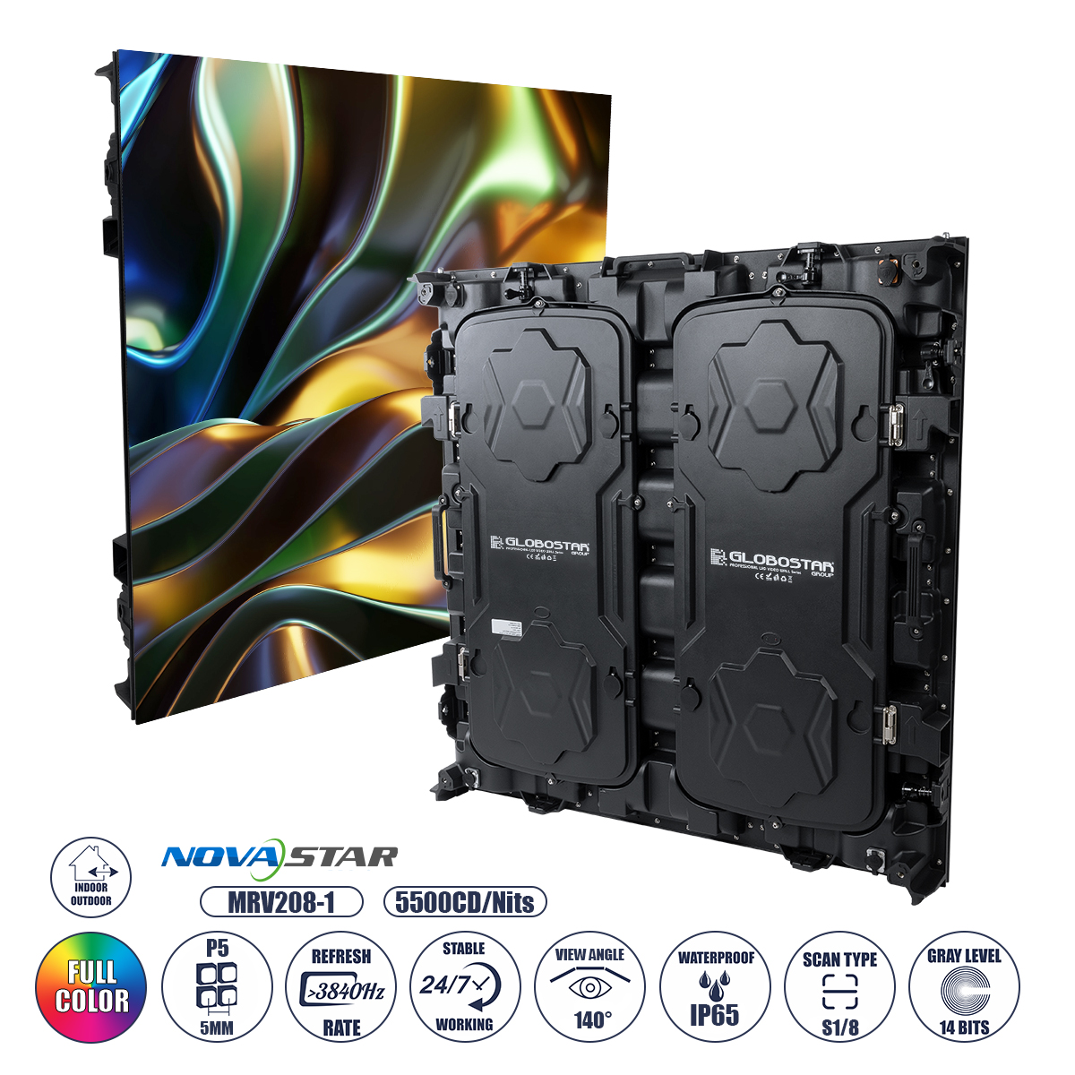 GLOBOSTAR VIEWMAX 41007 Οθόνη Video Wall P5 Καμπίνα 96x96cm LED 280W 3840Hz 40000 Dots ≥5500cd/㎡ Nits AC 220-240V Εξωτερικού Χώρου IP65 Full Color S1/8 14Bits - Κάρτα NovaStar MRV412 - Kinglight SMD2727 & CZCL Driver - Μ96 x Π11.5 x Υ96cm - 2 Χρόνια Εγγύη