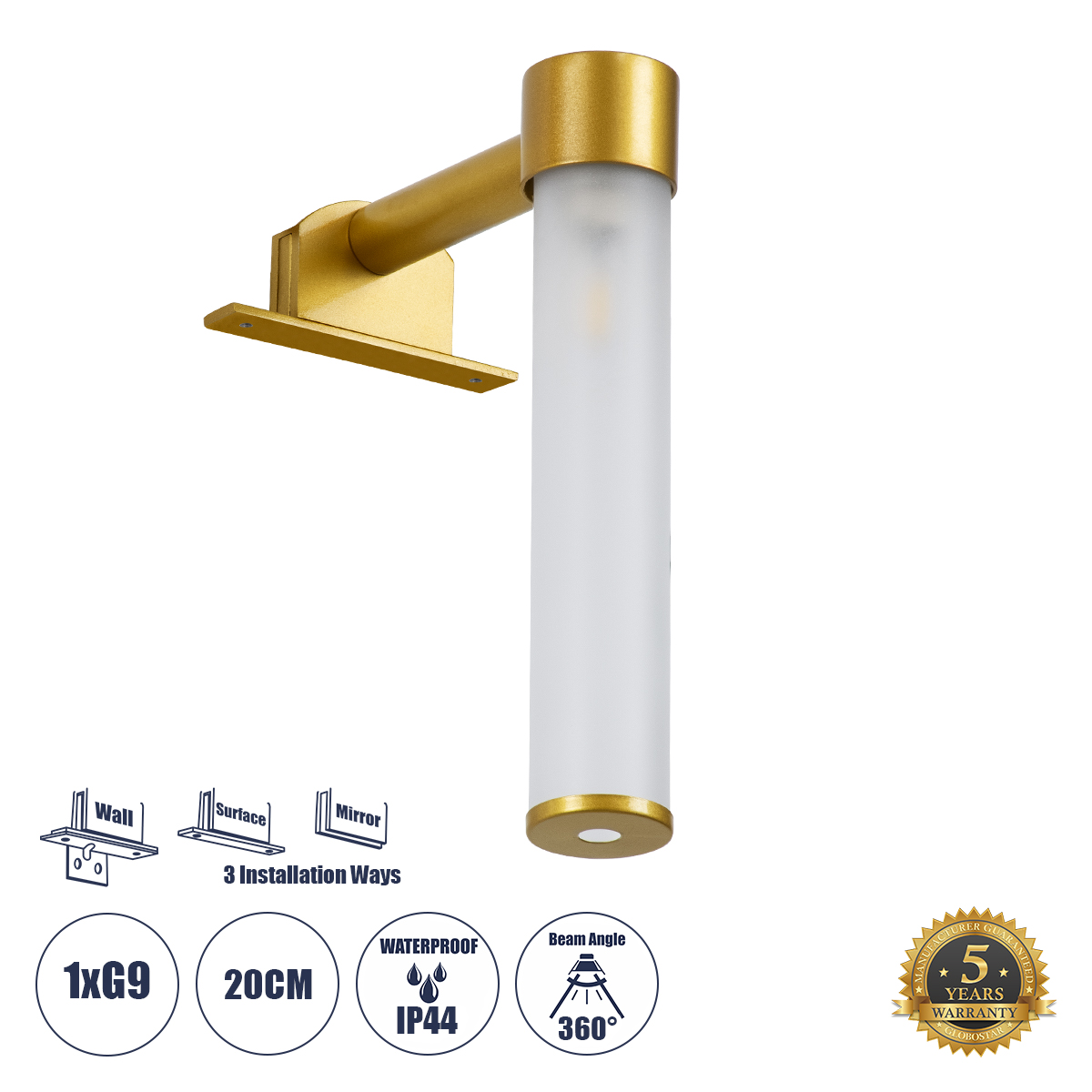 GloboStar® ELSA 60405 Μοντέρνο Φωτιστικό Τοίχου - Απλίκα Καθρέπτη Μπάνιου - Πίνακα 1 x G9 360° AC 220-240V IP44 Μ3.5 x Π13.5 x Υ20cm - Χρυσό - 5 Χρόνια Εγγύηση GloboStar® ELSA 60405 Μοντέρνο Φωτιστικό Τοίχου - Απλίκα Καθρέπτη Μπάνιου - Πίνακα 1 x G9 360° AC 220-240V IP44 Μ3.5 x Π13.5 x Υ20cm - Χρυσό - 5 Χρόνια Εγγύηση