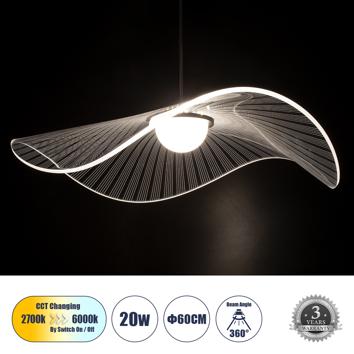 GloboStar® ACRYLICA 60975 Κρεμαστό Φωτιστικό Οροφής Design LED CCT 20W 2240lm 360° AC 220-240V - Εναλλαγή Φωτισμού μέσω Διακόπτη On/Off All In One Ψυχρό 6000k+Φυσικό 4500k+Θερμό 2700k Φ60cm - Μαύρο με Διάφανο Laser Designed Plexiglass - 3 Years Warranty GloboStar® ACRYLICA 60975 Κρεμαστό Φωτιστικό Οροφής Design LED CCT 20W 2240lm 360° AC 220-240V - Εναλλαγή Φωτισμού μέσω Διακόπτη On/Off All In One Ψυχρό 6000k+Φυσικό 4500k+Θερμό 2700k Φ60cm - Μαύρο με Διάφανο Laser Designed Plexiglass - 3 Years Warranty