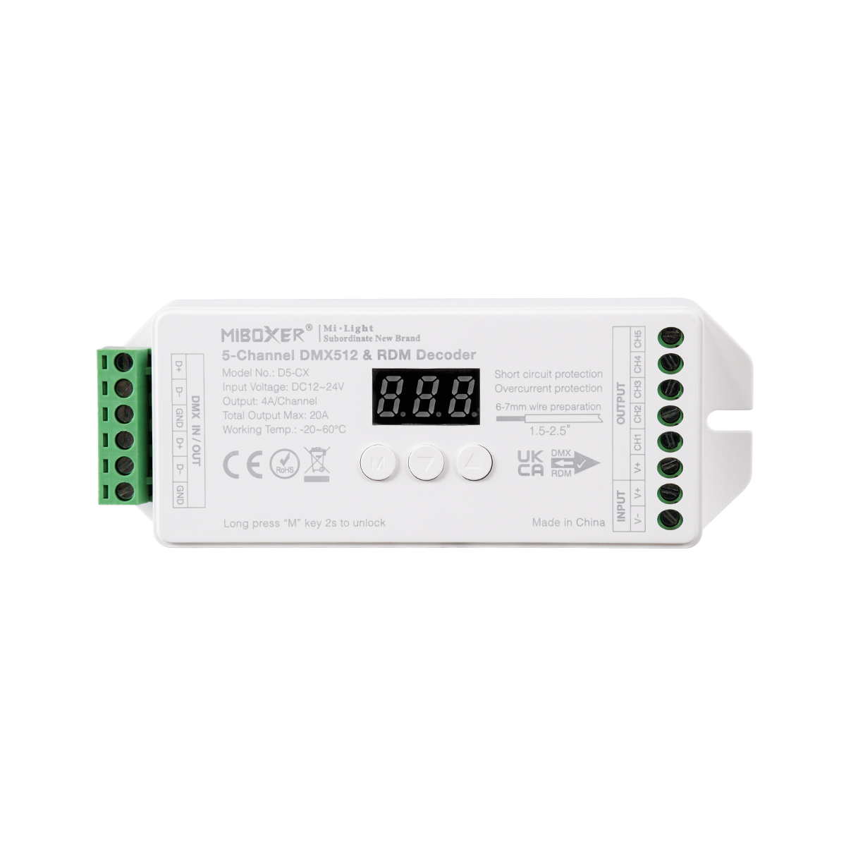 GloboStar® 71426 D5-CX Mi-BOXER DC DMX & RDM Dimmer High Speed Controller / Decoder 5 Καναλιών DC 12-24V 5 x 4A 96W - Max 20A 480W - IP20 Μ13 x Π5 x Υ2.5cm - 5 Years Warranty GloboStar® 71426 D5-CX Mi-BOXER DC DMX & RDM Dimmer High Speed Controller / Decoder 5 Καναλιών DC 12-24V 5 x 4A 96W - Max 20A 480W - IP20 Μ13 x Π5 x Υ2.5cm - 5 Years Warranty