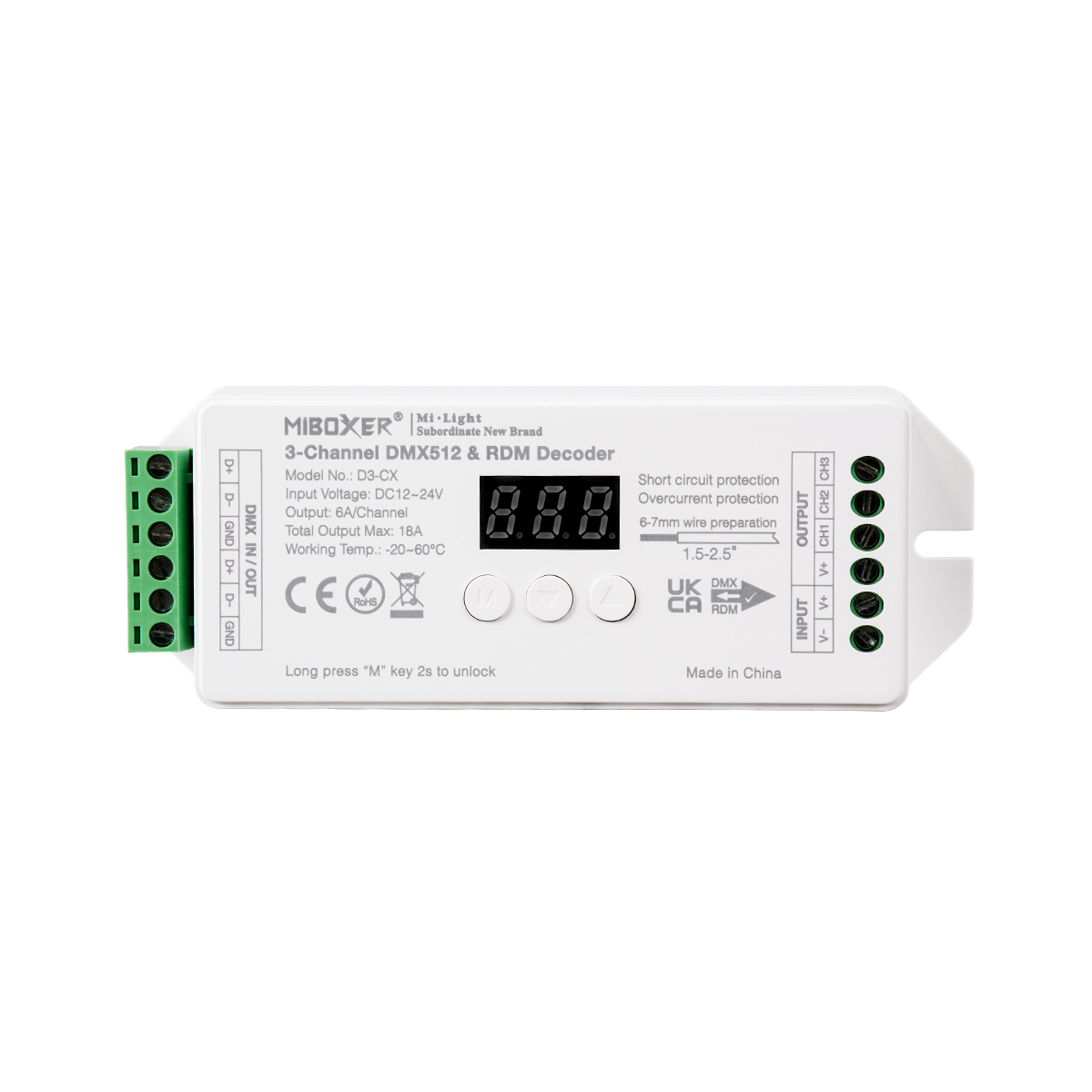 GloboStar® 71425 D3-CX Mi-BOXER DC DMX & RDM Dimmer High Speed Controller / Decoder 3 Καναλιών DC 12-24V 3 x 6A 144W - Max 18A 432W - IP20 Μ13 x Π5 x Υ2.5cm - 5 Years Warranty GloboStar® 71425 D3-CX Mi-BOXER DC DMX & RDM Dimmer High Speed Controller / Decoder 3 Καναλιών DC 12-24V 3 x 6A 144W - Max 18A 432W - IP20 Μ13 x Π5 x Υ2.5cm - 5 Years Warranty